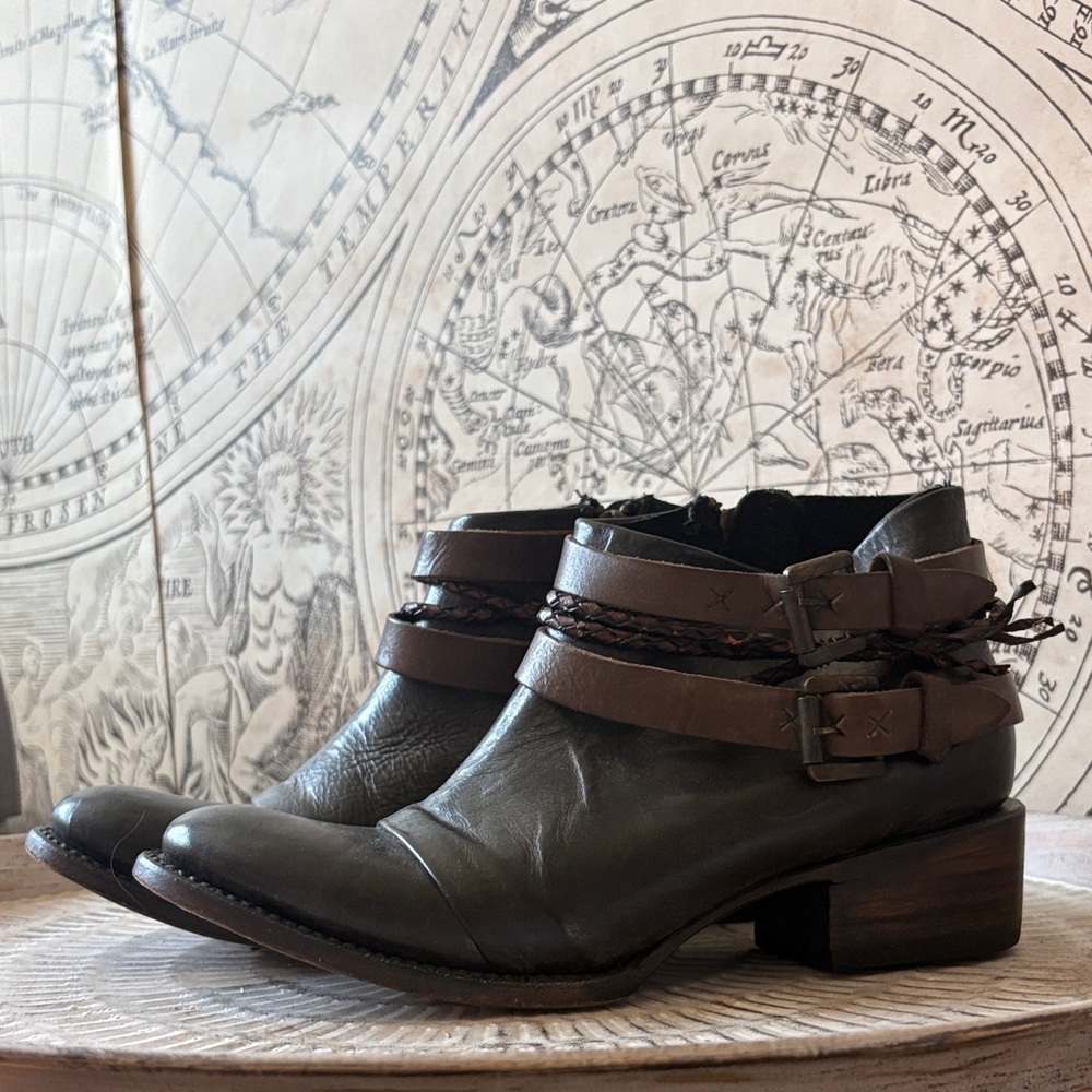 Freebird Simba 8 Black Leather Ankle Boots with Brown Decorative Straps